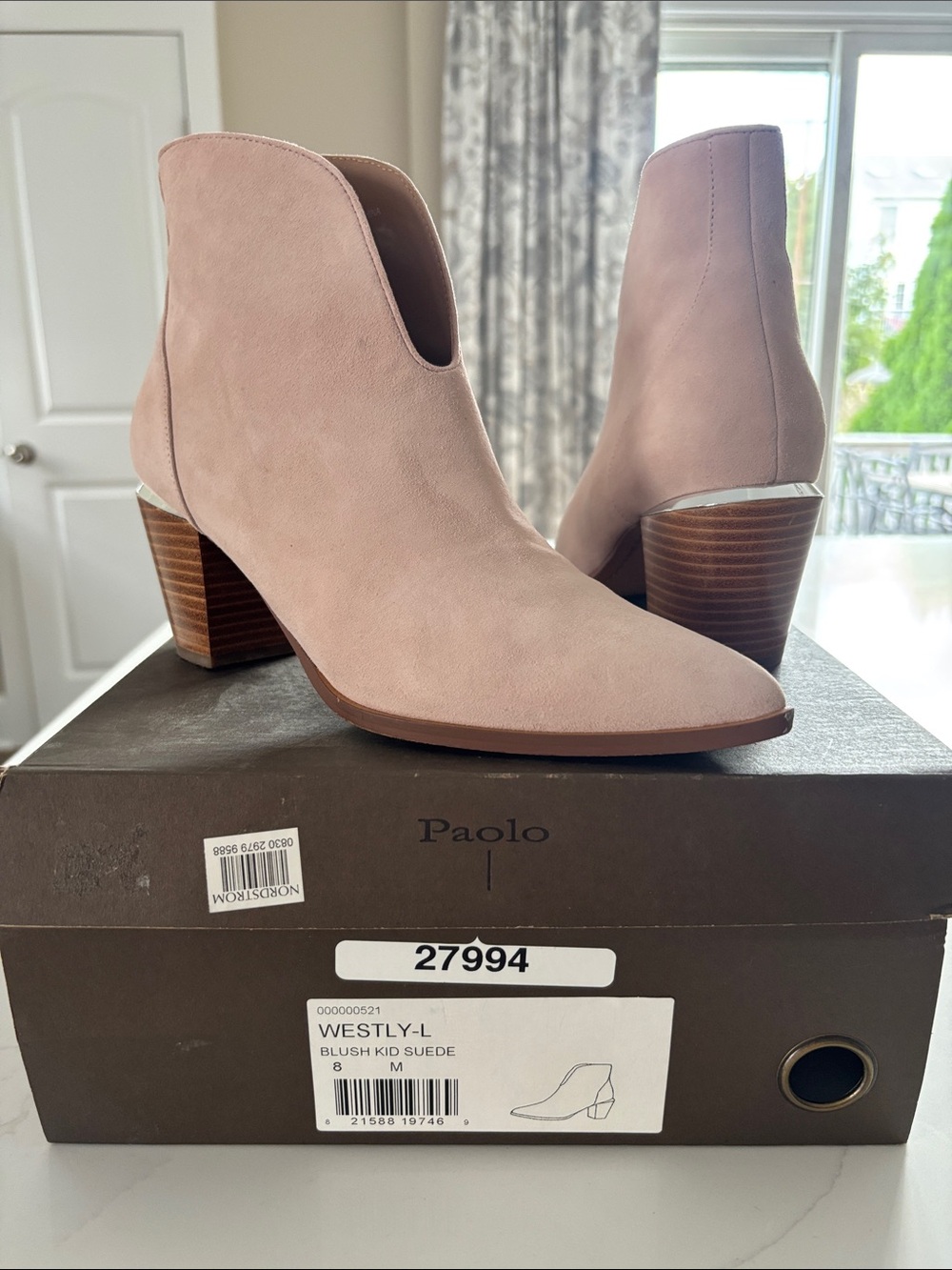 Paolo Blush Suede Ankle Booties with Stacked Heel